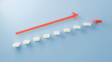 Black stairs 3D on blue wall first step up with red arrow symbol pointing up to next red success, Business growth, Ascending stairs of rising staircase going upward, abstract minimal 3d rendering