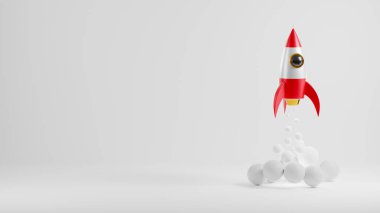 Roket fırlatma bulutların üzerinde uçuşan bir duman, beyaz arka planda fotokopi alanı ile başlayan iş ürünleri pazarı kavramı, Ay 'a uzay yolculuğu, 3 boyutlu resimleme