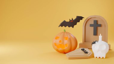 Cadılar Bayramı arka plan kavramı. Şirin mezar taşı kabağı hayaleti, kafatasında mum ve sarı arka planda yarasa, sonbahar tatili, 3 boyutlu görüntüleme