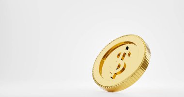 Gerçekçi altın para işareti, altın para beyaz arka planda izole edilmiş bir para, üç boyutlu resimleme