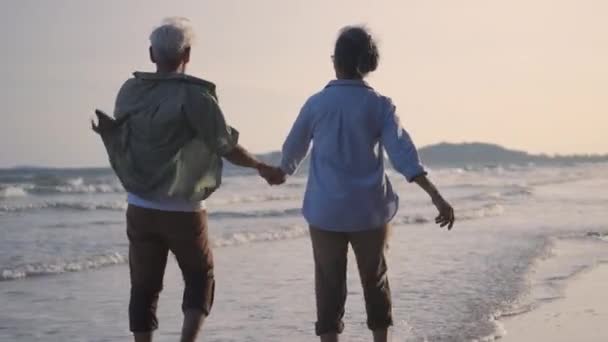 Homem Sênior Asiático Feliz Casal Mulheres Mãos Dadas Andando Praia — Vídeo de Stock