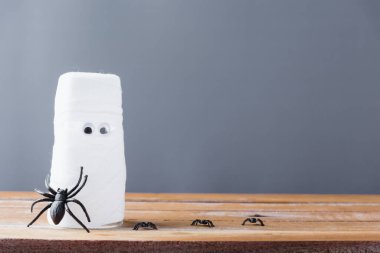 Komik el sanatları Cadılar Bayramı süsleme partisi, su camından ve örümcekten anneyi yakın plan tahta duvara sarılmış gri arka plan ve fotokopi alanı, stüdyo çekimi izole edilmiş, mutlu tatil konsepti