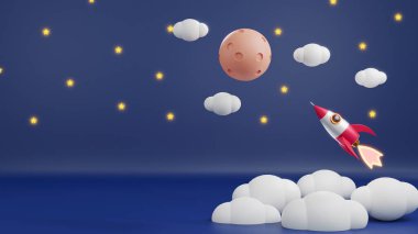 Gökyüzü galaksisinde bulutların üzerinde uçan bir duman bulutu, beyaz arka plan, uzay yolculuğu, 3D resimleme üzerine kopyalama alanı ile başlayan iş ürünleri pazarı kavramı