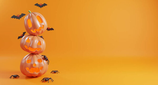 Концепция Хэллоуина. Симпатичный призрак тыквы, летучая мышь и паук, празднование счастливого Хэллоуина шаблон события минимальный стиль на оранжевом фоне, 3D рендеринг