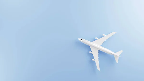 Model airplane top view flat lay design of travel plane on blue background, air transportation, tourism summer concept with copy space, 3D rendering illustration