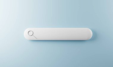 Mavi arkaplanda büyüteçle boş arama çubuğu düğmesi, yaratıcı web arama tasarım ögesi, internet veri kutusu konsepti taraması, 3D resimleme