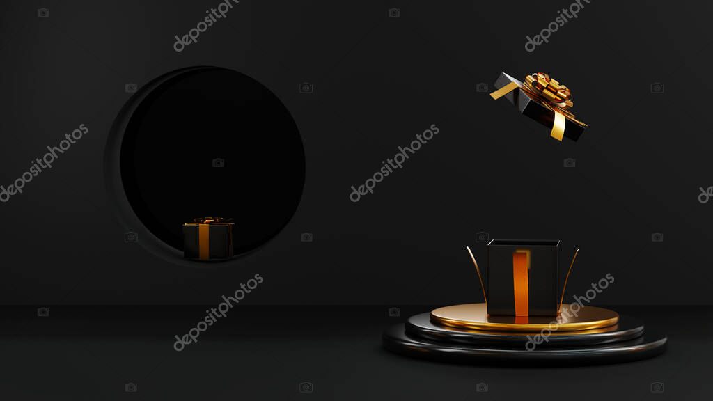 Black Friday Sale, Cylindrical podium display and gift boxes with gold ribbon bow, creative present template studio for product presentation on black background, 3D rendering illustration advertising