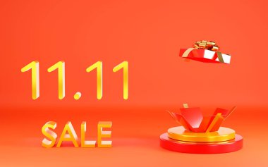 11.11 Bekar Günü indirimi. Kırmızı arkaplanda podyum sahnesinde kırmızı hediye kutusu olan pankart, sosyal medya ve web sitesi için afiş tasarımı, satış promosyonu süper alışveriş günü konsepti, 3D illüstrasyon