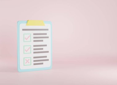 Pano kontrol listesi, anket kağıt listesi kontrol işaretleri pembe arkaplan üzerine rapor belgesi, sembol web sitesi tasarım simgesi, 3D resimleme