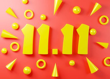 11.11 Bekar Günü Satış Festivali konsepti. Kırmızı arkaplanda sarı 11.11 numara, afiş şablonu tasarımı, indirimli promosyon süper alışveriş günü, 3D resimleme
