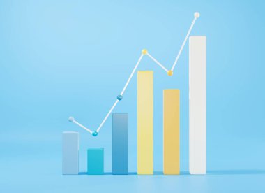 Mavi arkaplan üzerinde çubuk grafiksel büyüme diyagramı Infographics unsurları, Business info küp grafik tablosu, finanse web tasarımı, 3D resimleme
