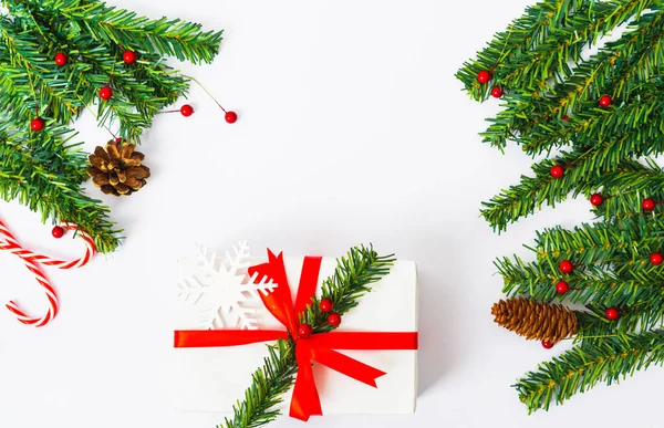 Gelukkig Nieuwjaar Kerstdag Bovenaanzicht Platte Lay Compositie Decoratie Witte Achtergrond — Stockfoto