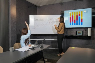 Proje sunan iş kadınlarıyla tanışmak yoğun ekibe iş birliği yapmak, toplantı sırasında insanlar işbirliği yapmak, bir kadın beyaz tahtadaki verileri açıklamak, diğeri fikir alışverişinde bulunmak, ofiste fikir paylaşmak için elini kaldırmak..