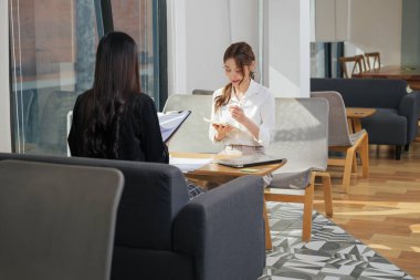 Kadınlar ofis iş görüşmeleriyle tanışıyor, insan kaynakları yöneticisi işe alıyor, insanlar iş görüşmelerine danışıyor, çalışanlar iş birliği yapıyor, profesyonel etkileşim çağdaş işyeri ofisi.