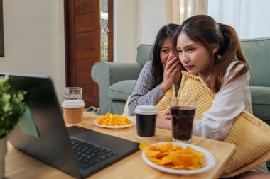 İki genç kadın lezzetli atıştırmalıklar yemekten, dizüstü bilgisayarda mutlu bir şekilde izlemekten, arkadaşlar birlikte rahat bir akşam geçirmekten, içki içmekten ve rahat bir oturma odasında yemek yemekten hoşlanırlar..