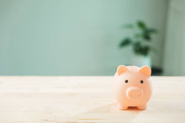 Pembe domuzcuk bankası, bütçe yönetimi yatırım hedeflerini ve emekliliği temsil eden bulanık yeşil arka planlı, para tasarrufu ve mali planlama için açık ahşap masa üzerinde duruyor..