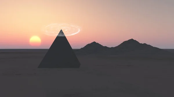 Piramide e montagne nei raggi del tramonto — Foto Stock