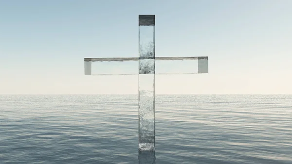 Стеклянный крест в море — стоковое фото
