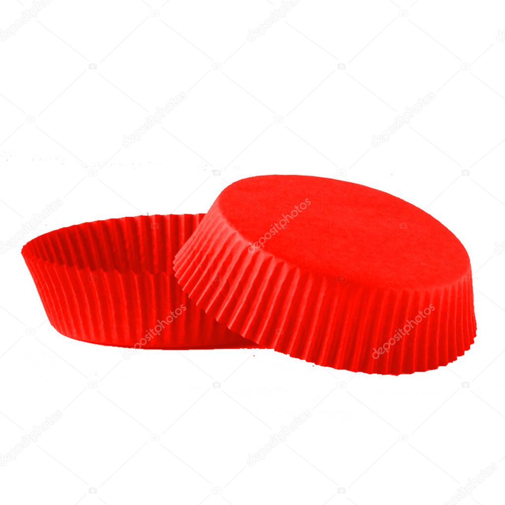 Red paper cupcake forms for baking isolated over white background, muffin forms object photography