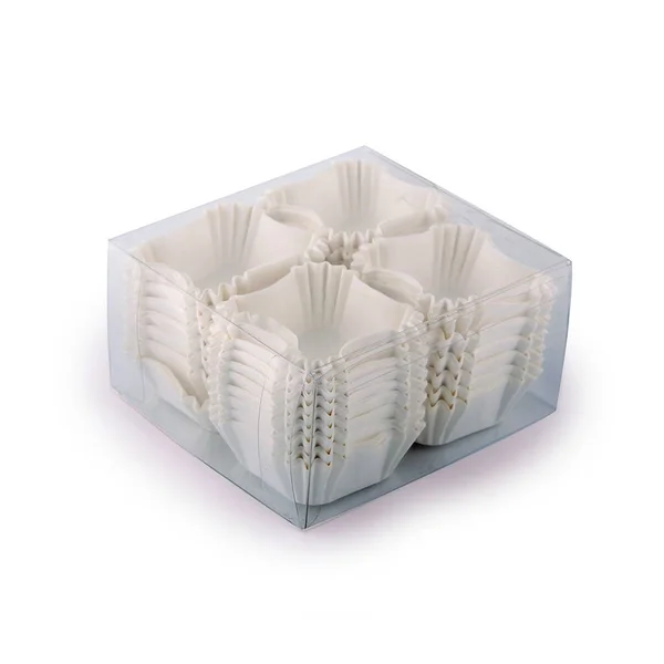 Bílý Cupcake Papír Tvoří Plastové Krabici Izolované Přes Bílé Pozadí — Stock fotografie
