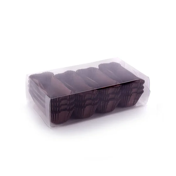 Braunes Eclairs Papier Formt Sich Einer Plastikbox Isoliert Über Weißem — Stockfoto