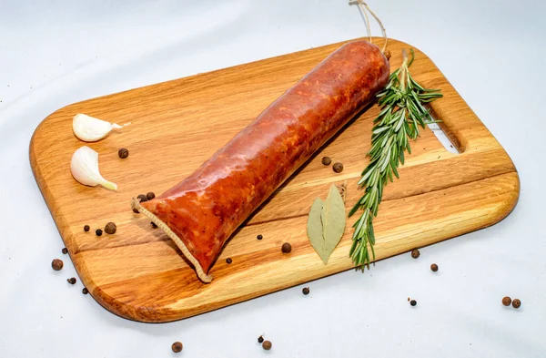 Tasty Sausages Vegetables Isolated Solid Background Food Photography — Stock Photo, Image