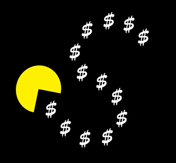 Pac-Man silhouette eating small dollar signs — Stock Photo, Image