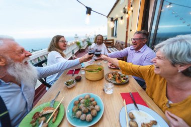 Mutlu çok ırklı yaşlılar, ev verandasında kırmızı şarap kadehleriyle kadeh kaldırıyor.