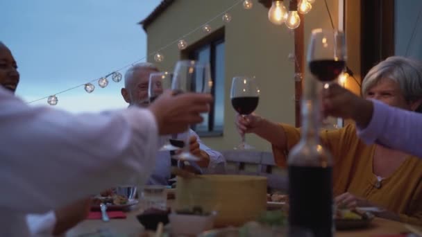 快乐的多种族老年人 带着红酒酒杯一起在庭院晚餐上敬酒 老年人生活方式的概念 — 图库视频影像