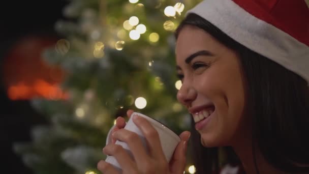 Felice Giovane Donna Che Beve Tazza Durante Vacanze Natale — Video Stock