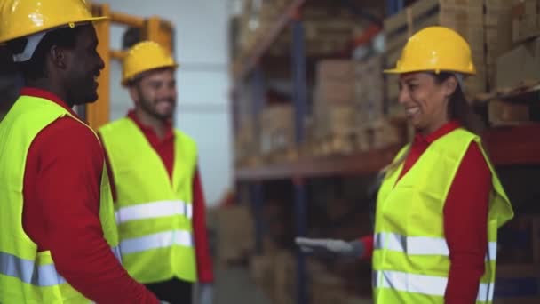 Equipo Feliz Disfrutando Trabajando Juntos Almacén Entrega Concepto Logístico Industrial — Vídeo de stock