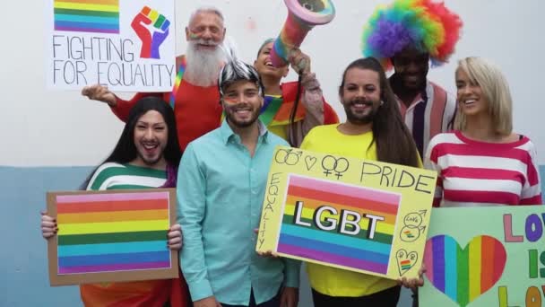 Happy Multiracial People Celebrating Gay Pride Event Group Friends Different — Stockvideo