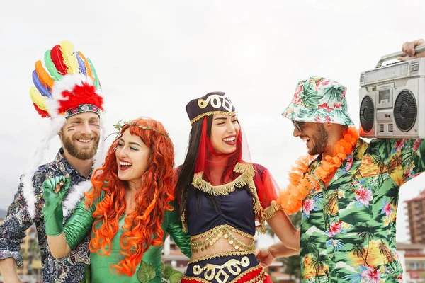 Happy Friends Celebrating Carnival Party Outdoor Young Crazy People Having Royalty Free Stock Images