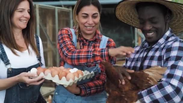 Agricultores Felices Recogiendo Huevos Frescos Jardín Gallineros Concepto Estilo Vida — Vídeo de stock