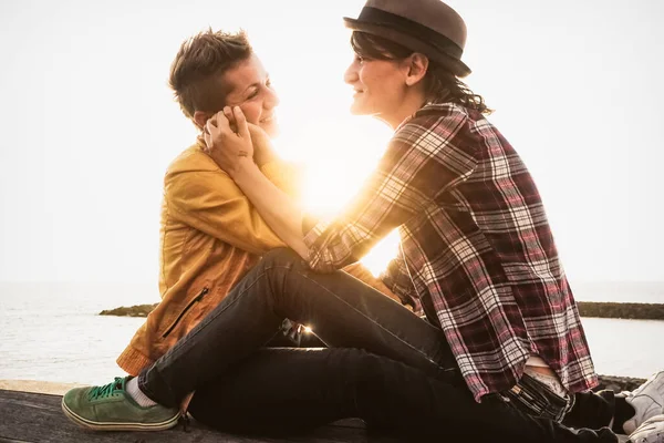 Happy Gay Couple Having Tender Moments Next Sea Sunset Homosexual — Stock Photo, Image