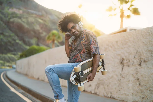 Happy Afro Man Having Fun Dancing Listening Music Wireless Headphones — Stock Photo, Image