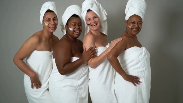 Happy Multiracial Females Different Body Size Having Skin Care Spa — Stockvideo