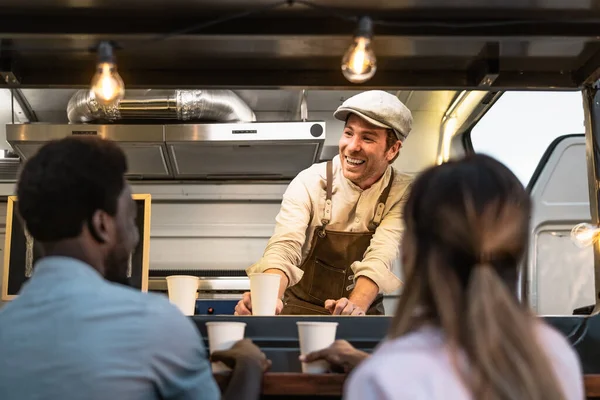 Happy Multiracial People Buying Meal Street Food Truck Market Modern — Stock Photo, Image
