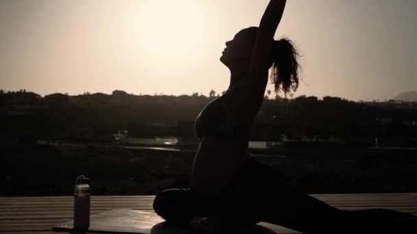 Junge Schwangere Frau Macht Pränatale Pilates Übungen Meer Gesundheitslebensstil Und — Stockvideo