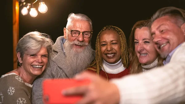 Happy Multiracial Senior Friends Having Fun Holiday Taking Selfie Mobile — Stock fotografie