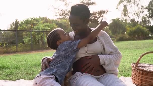Feliz Madre Afro Juguetona Hijo Divierten Parque Haciendo Picnic Juntos — Vídeos de Stock