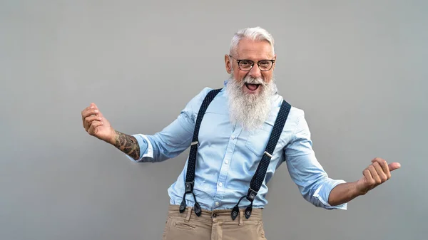 Happy Senior Man Celebrating Laughing Front Camera Fashion Elderly Male — Stock Photo, Image