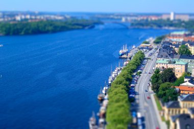 Stockholm, İsveç'in panoramik görünümü. Uygulanan tilt-shift efekti