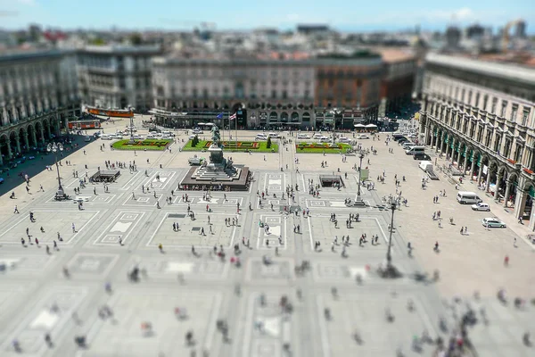 Aerial view of Piazza del Duomo, Milan, Italy. Tilt-shift effect applied