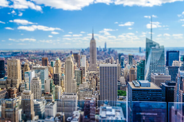 Aerial view of Manhattan skyline, New York City, USA. Tilt-shift effect applied