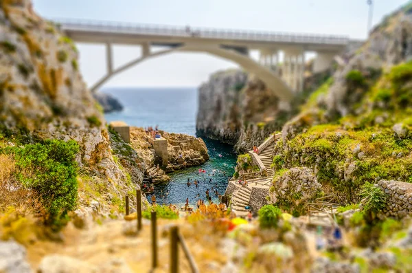 Beautiful seascape at Ciolo Bridge, Apulia, Italy. Tilt-shift effect applied — Stock Photo, Image