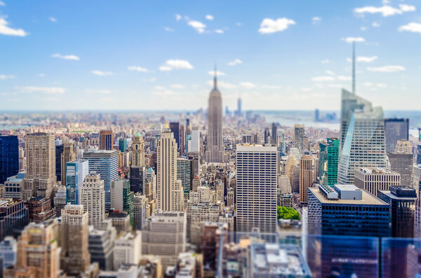 Aerial view of Manhattan skyline, New York City, USA. Tilt-shift effect applied