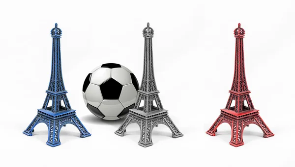 Три разноцветные модели Эйфелевой башни, изолированные на белом фоне — стоковое фото