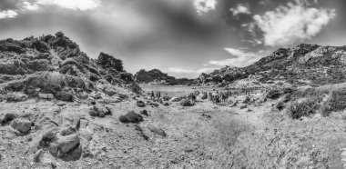 SARGI, İtalya - 8 Ağustos 2020 'de Maddalena Takımadası' nın en önemli noktalarından biri olan Spargi Adası 'ndaki Cala Corsara plajı üzerindeki panoramik manzara