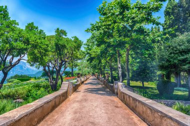 RAVELLO, İtalya - 24 Haziran 2022: Güney İtalya 'nın Amalfi kıyısındaki Ravello' daki ikonik Villa Cimbrone 'da büyüleyici bahçe yolları ve manzaralı sükunet